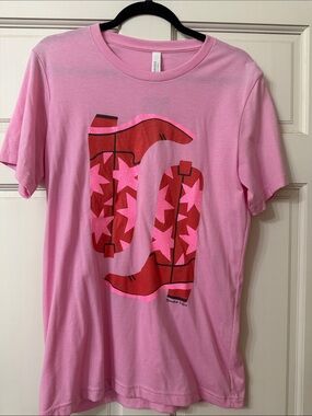 Pink Graphic Tee with Red & Hot Pink Boot Motif